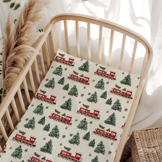 Wicbfdfv Vintage Christmas Trains Crib Sheet with Retro Print
