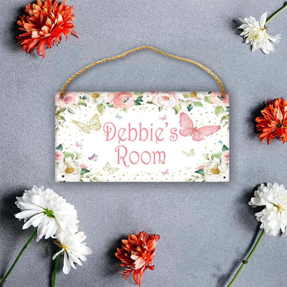 Cusdecor Personalized Pink Flower Butterfly Wooden Sign