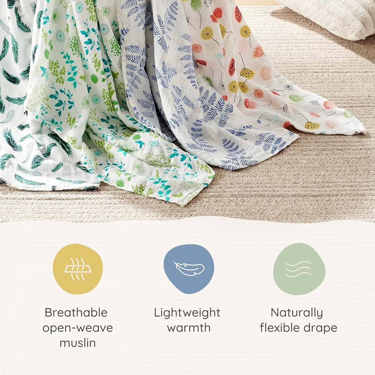 Margaux & May Organic Muslin Swaddle Blankets for Newborns, Blue & Green 2-Pack