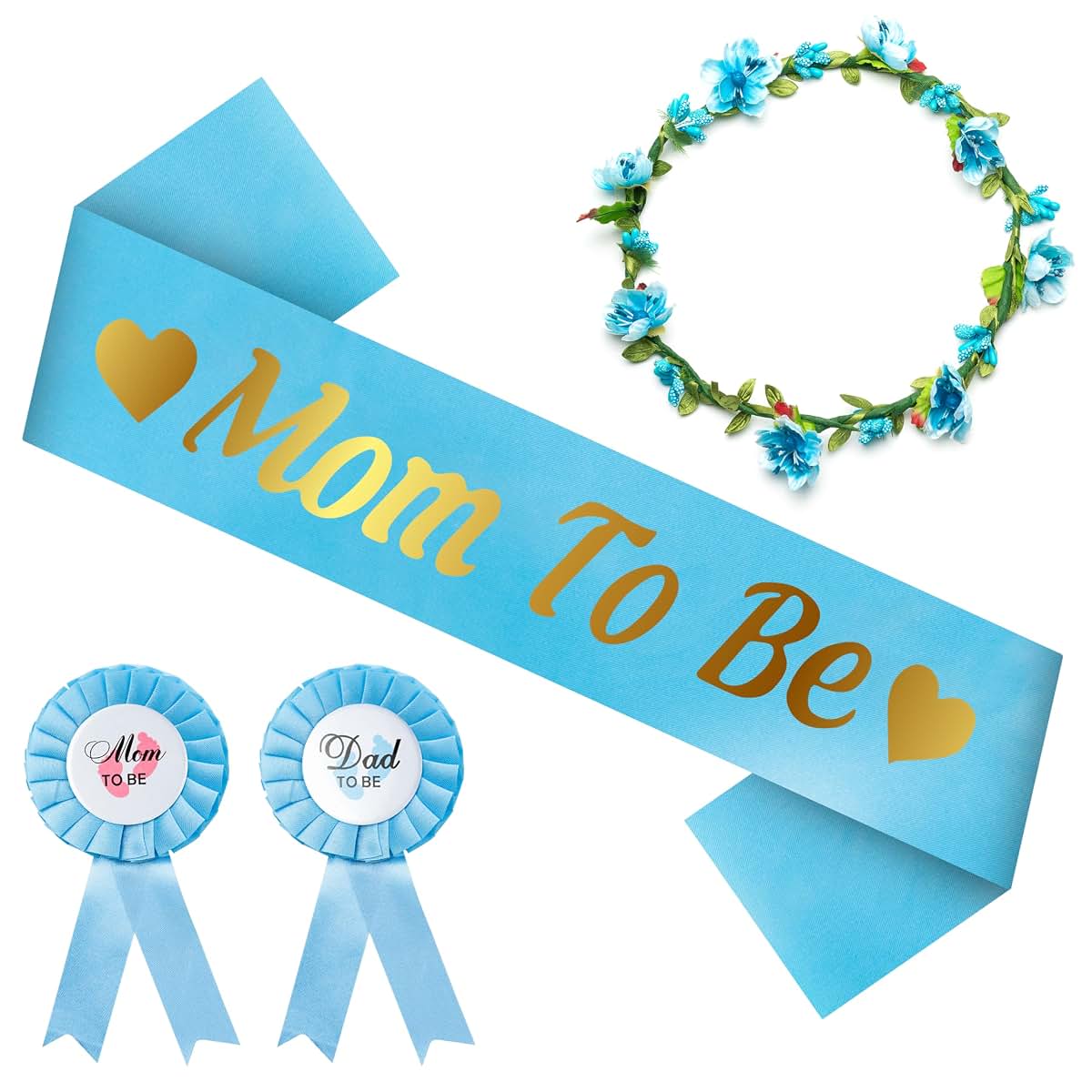 2ooya Mom to Be Sash Kit for Baby Shower, Blue and Gold, with Garland Crown