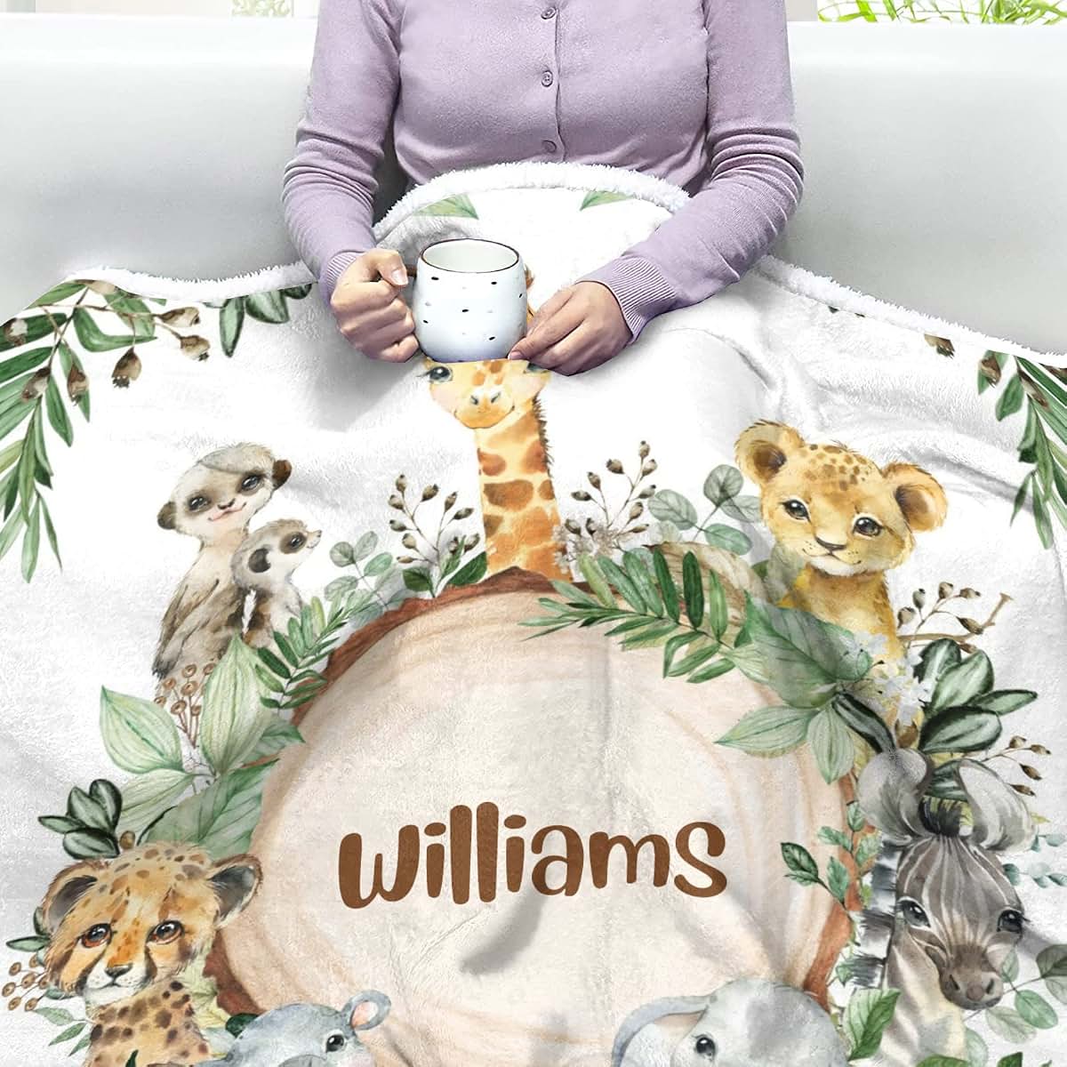 NZOOHY Wild Jungle Animals Personalized Sherpa Baby Blankets for Boys Girls,Soft Newborn Naps Custom Name Blanket for (photo 4)