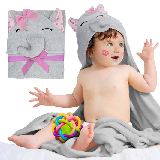 PUREVACY Hooded Baby Towels 33 x 33 Inch. Pink Terry Cotton Bath Towels Hooded with Elephant Face and Ears. Hooded