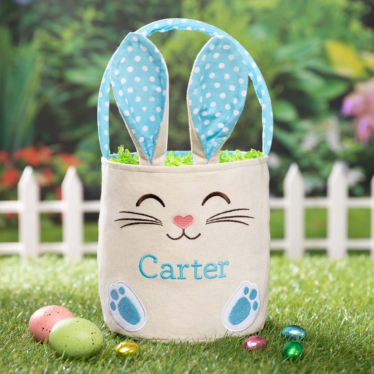 Personalized Planet Personalized Bunny Ears Bucket Bag with Custom Name | Blue Polka Dot Liner Easter Bag with Handle (photo 2)