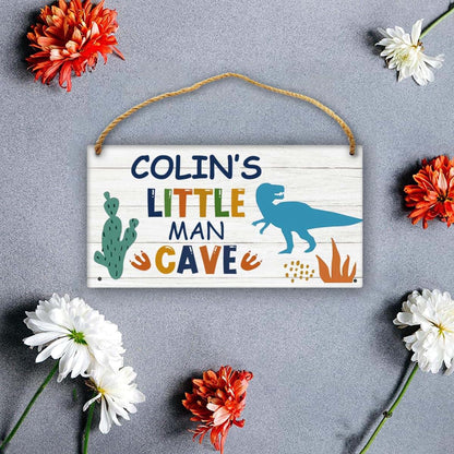Cusdecor Personalized Little Man Cave Sign Dinosaur Custom Name Wood Plaque