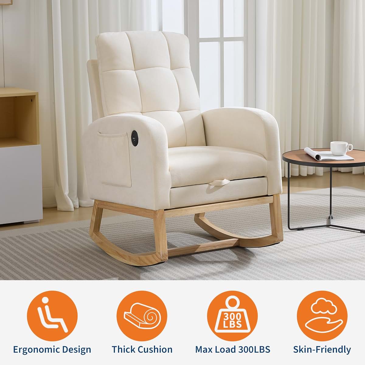 IDEALHOUSE Nursery Rocking Recliner Chair with Footrest & USB Port, Upholstered Mid-Century Glider Rocker with High (photo 4)