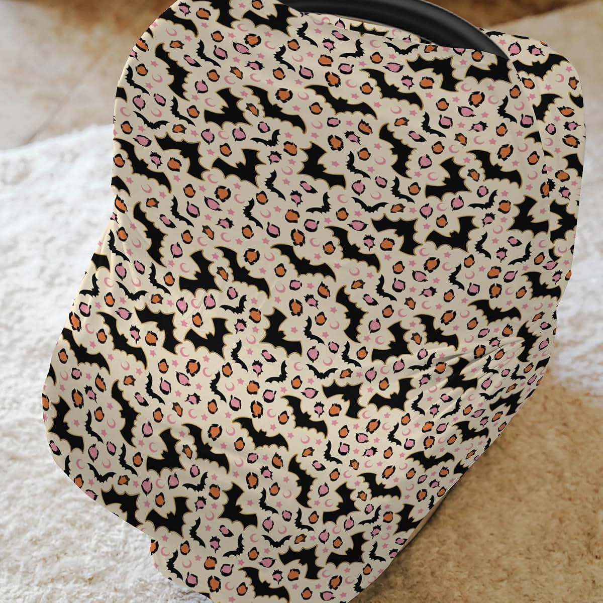 Halloween Bats Leopard Baby Car Seat Cover Pink Orange 5-in-1 Stretchy Cover Adjustable Infant Canopy Nursing Cover