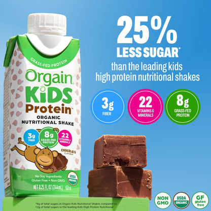 Orgain Organic Kids Nutritional Dairy Protein Shakes, Chocolate, Healthy Kids Snacks, 8g Grass-Fed Protein, 3g Fiber, 22 Vitamins & Minerals, No Soy Ingredients, Non-GMO, 8.25 Fl Oz, Pack of 12