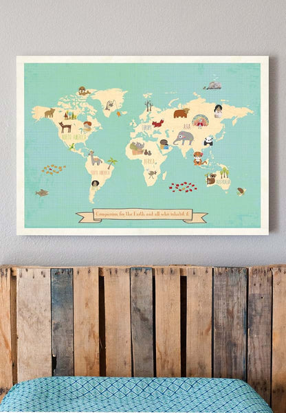 Children Inspire Design Global Compassion World Map 24x18 Print, Children's Wall Art Map, Kid's Animal World Map