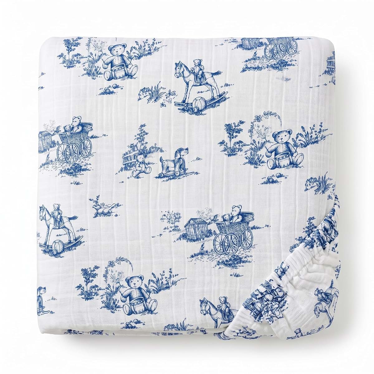 Ababy Custom Size Cotton Fitted Sheet In Blue Bear Toile
