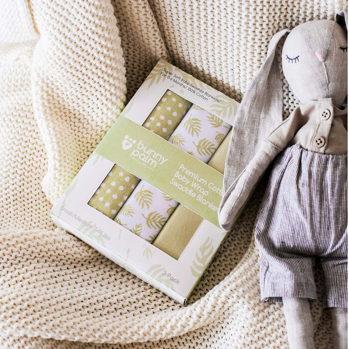 Bunny Palm Organic Cotton Swaddle Blanket Set With Matching Hat (photo 2)