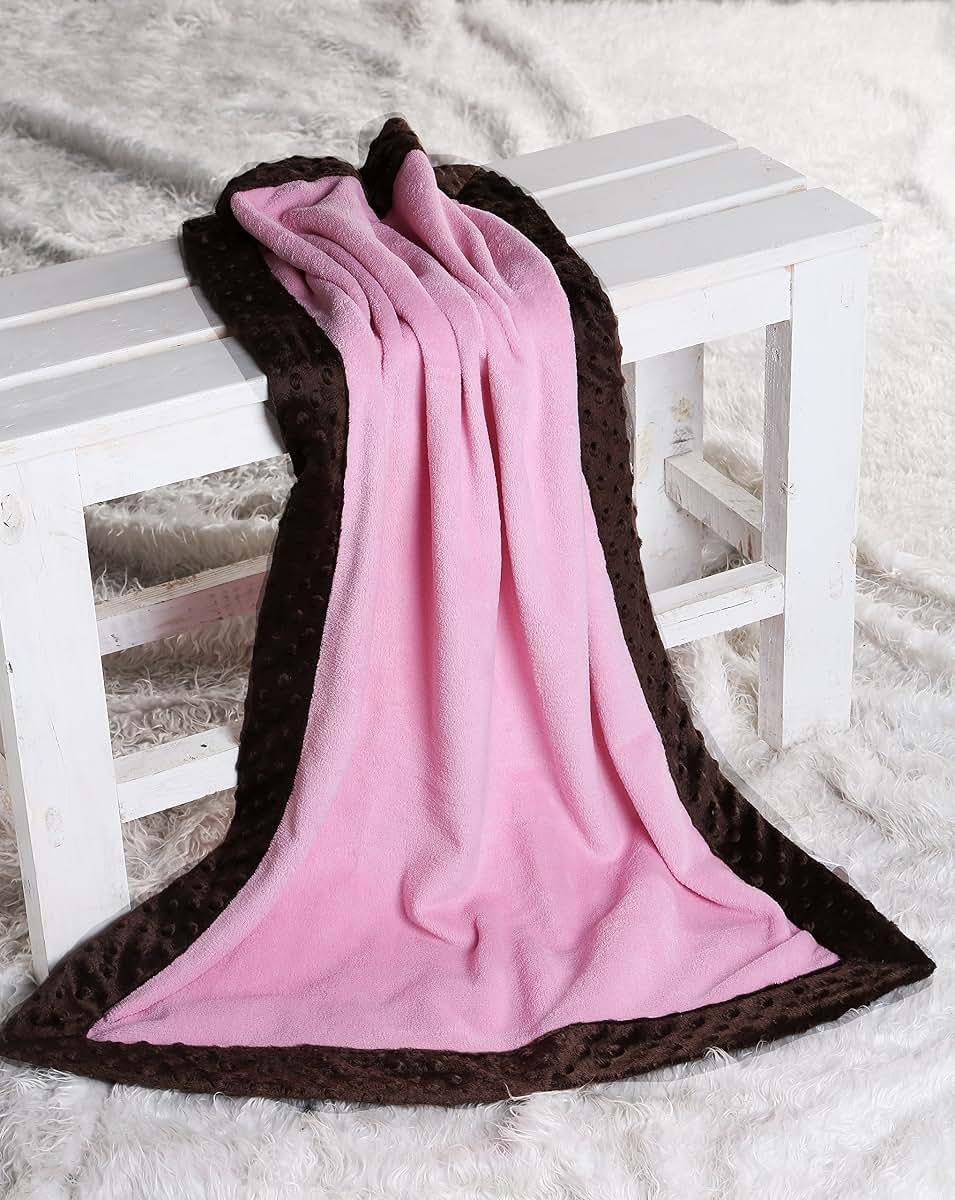 Bacati - Solid Center with Frame Style Border Plush Blanket (Solid Baby Pink/Chocolate Border)