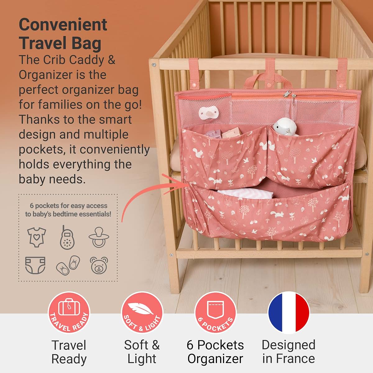 BabyToLove Crib & Caddy Organizer | Portable Hanging Storage for Diapers, Toys & Baby Care Items | Pink Forest (photo 2)