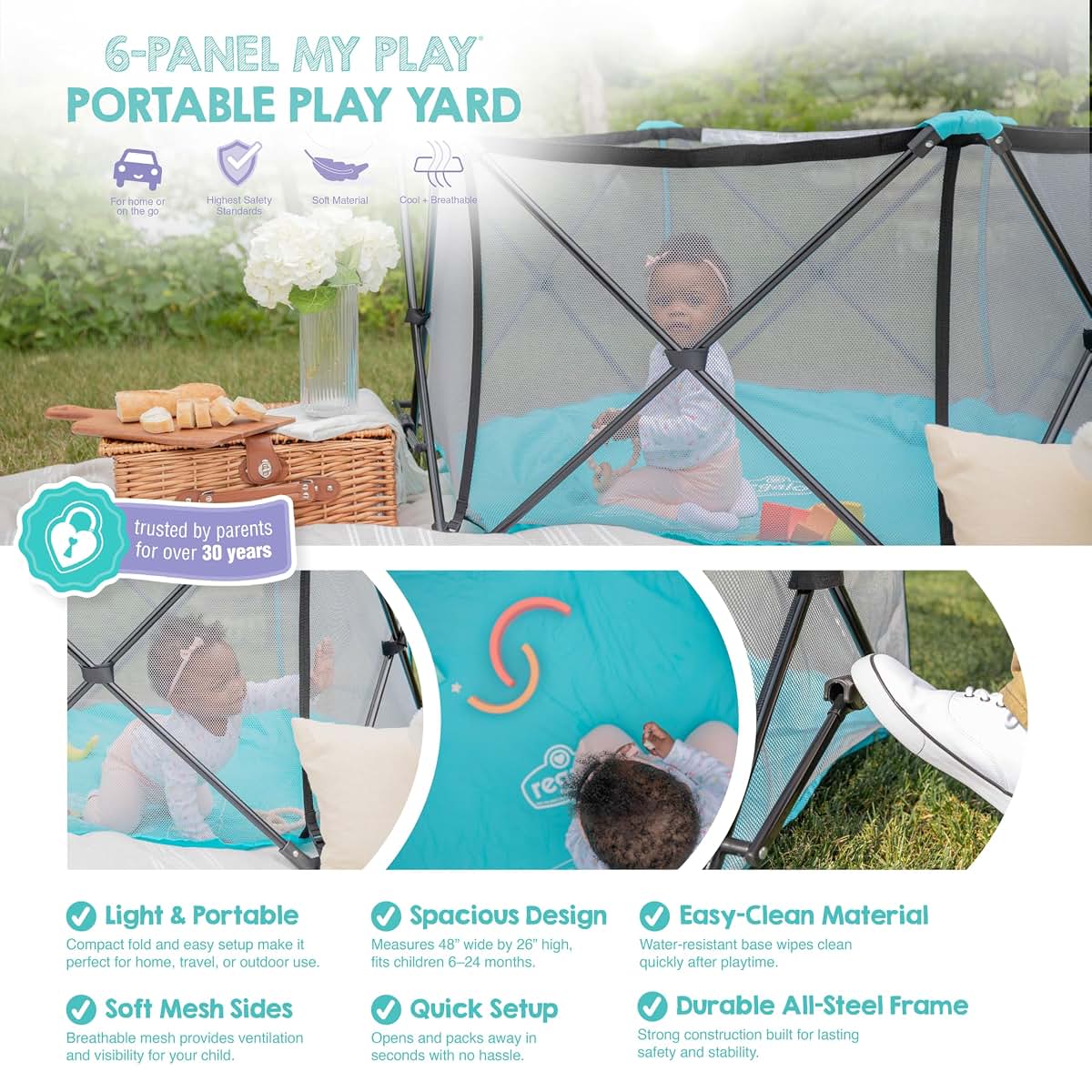 Regalo My Play Portable 6-Panel Baby Playpen with Mesh Sides, 48 Inch, Aqua/Black