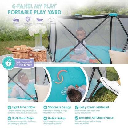 Regalo My Play Portable 6-Panel Baby Playpen with Mesh Sides, 48 Inch, Aqua/Black