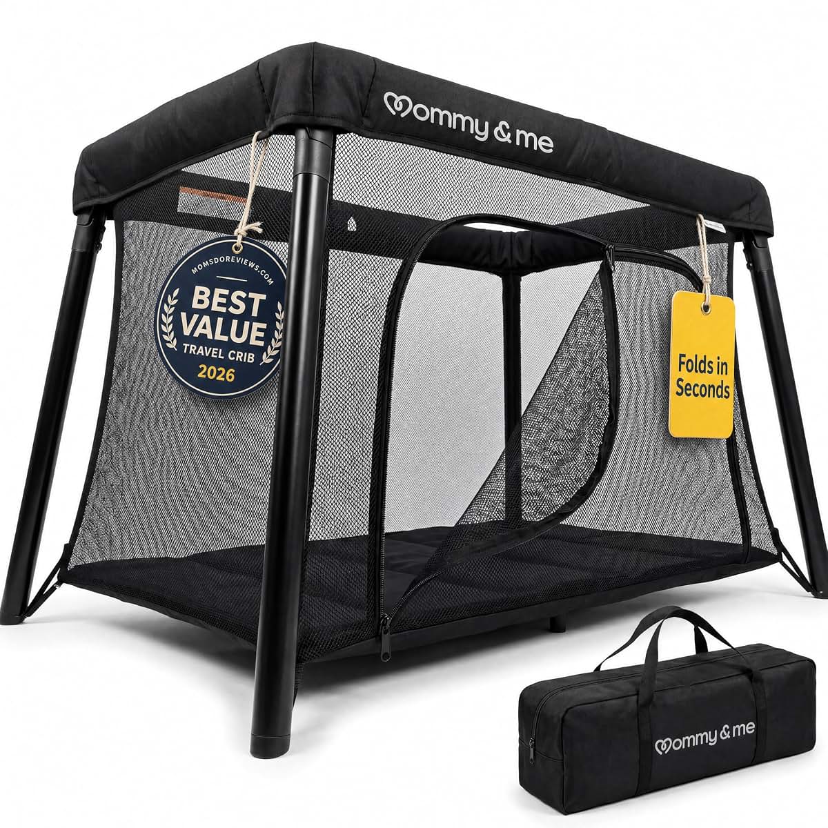 Mommy&Me Travel Crib for Baby and Toddler, Lightweight 14 lb Portable Playard, Mesh Sides, Black