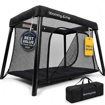 Mommy&Me Travel Crib for Baby and Toddler, Lightweight 14 lb Portable Playard, Mesh Sides, Black