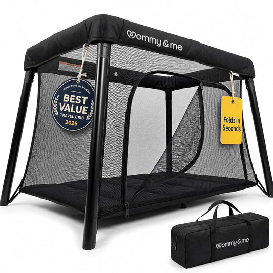 Mommy&Me Travel Crib for Baby and Toddler, Lightweight 14 lb Portable Playard, Mesh Sides, Black