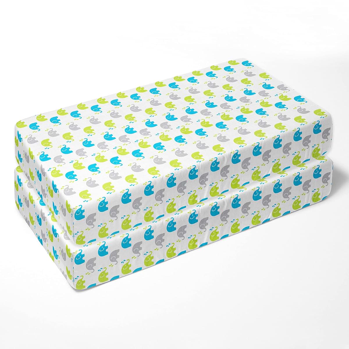 Bacati Elephants Muslin Crib Fitted Sheets Aqua Lime Grey 2 Pack (photo 3)
