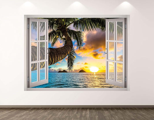 West Mountain Sunset Beach Wall Decal Art Decor 3D Window Tropical Ocean Sticker Mural Kids Room Custom Gift BL309
