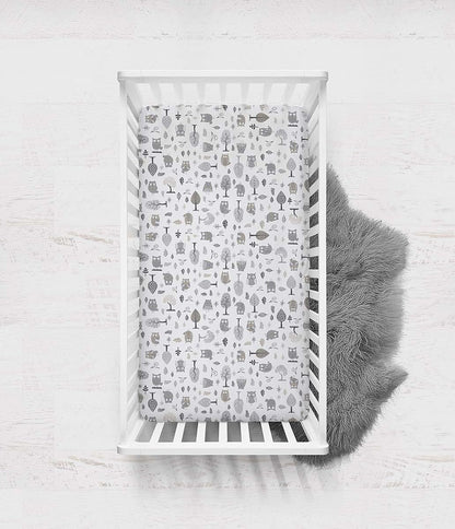 Bacati 2-Pack Crib Fitted Sheets, 100% Cotton Percale Owls Print, Beige/Grey