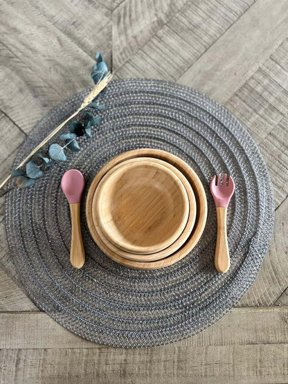 Sincerely Enzi Bamboo Suction Bowls for Baby, Wooden Toddler Bowls, 5-Pc Bowl and Utensil Feeding Set (Pink) (photo 3)