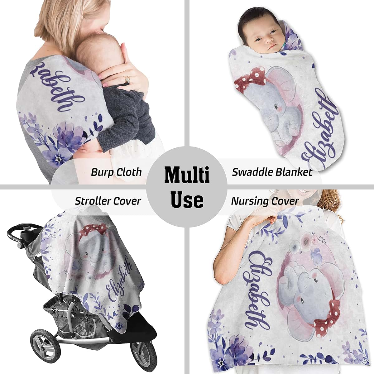 AVIClothes Customized Baby Girl Blanket, Personalized Baby Girl Elephant Blankets - Baby Blanket with Name for Baby (photo 3)