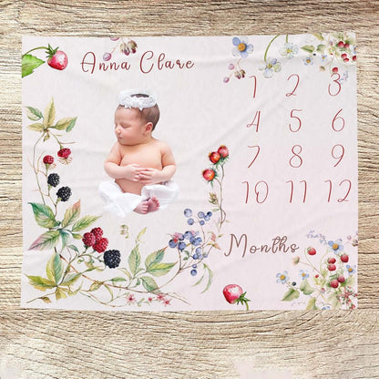 Cozyy Personalized Pink Strawberry Flower Baby Milestone Blanket
