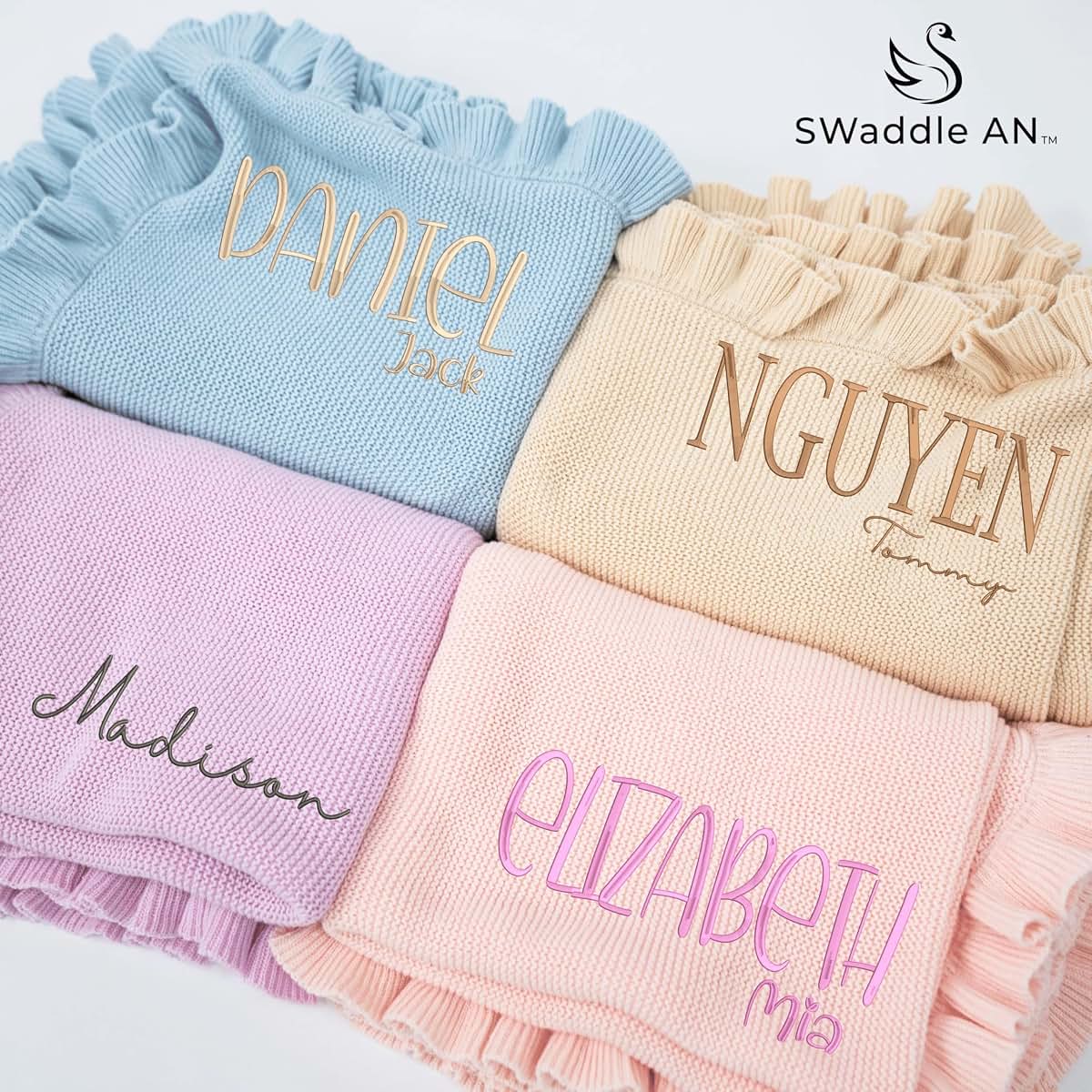 SWaddle AN Personalized Baby Blanket - Custom Embroidered Ruffled Knit (photo 4)