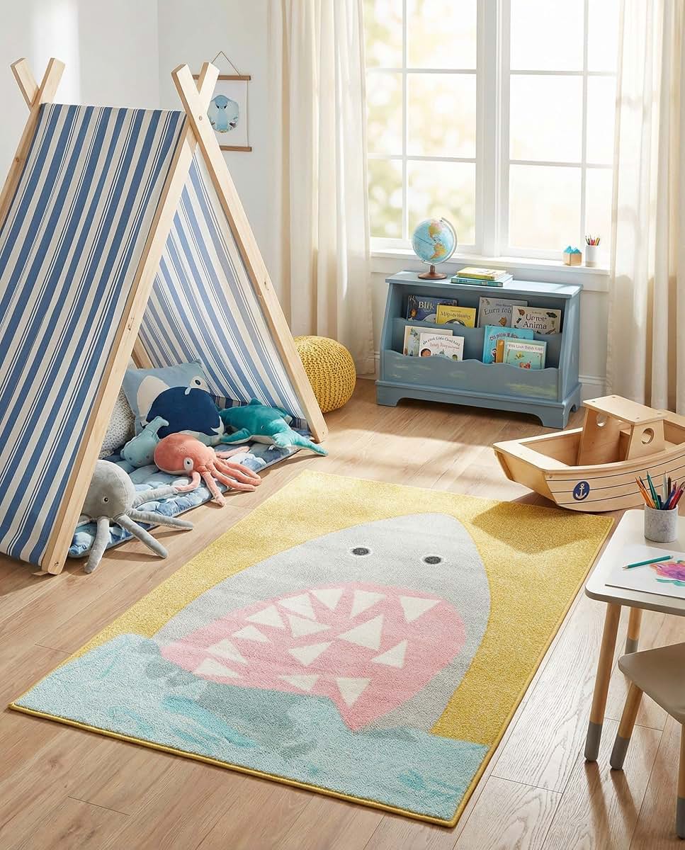 Rugs.com Whimsy Kids Shark Area Rug, Yellow 4'1" x 6'1"