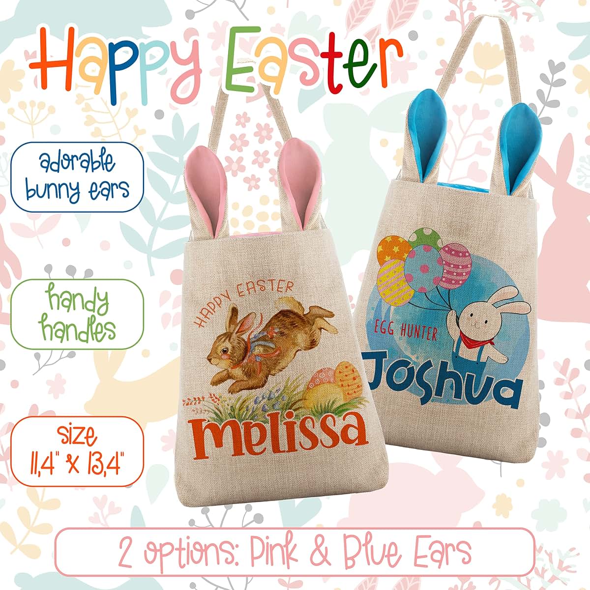 Personalized Favors Set Of 2 Easter Totes With Name And Bunny Ears (photo 4)