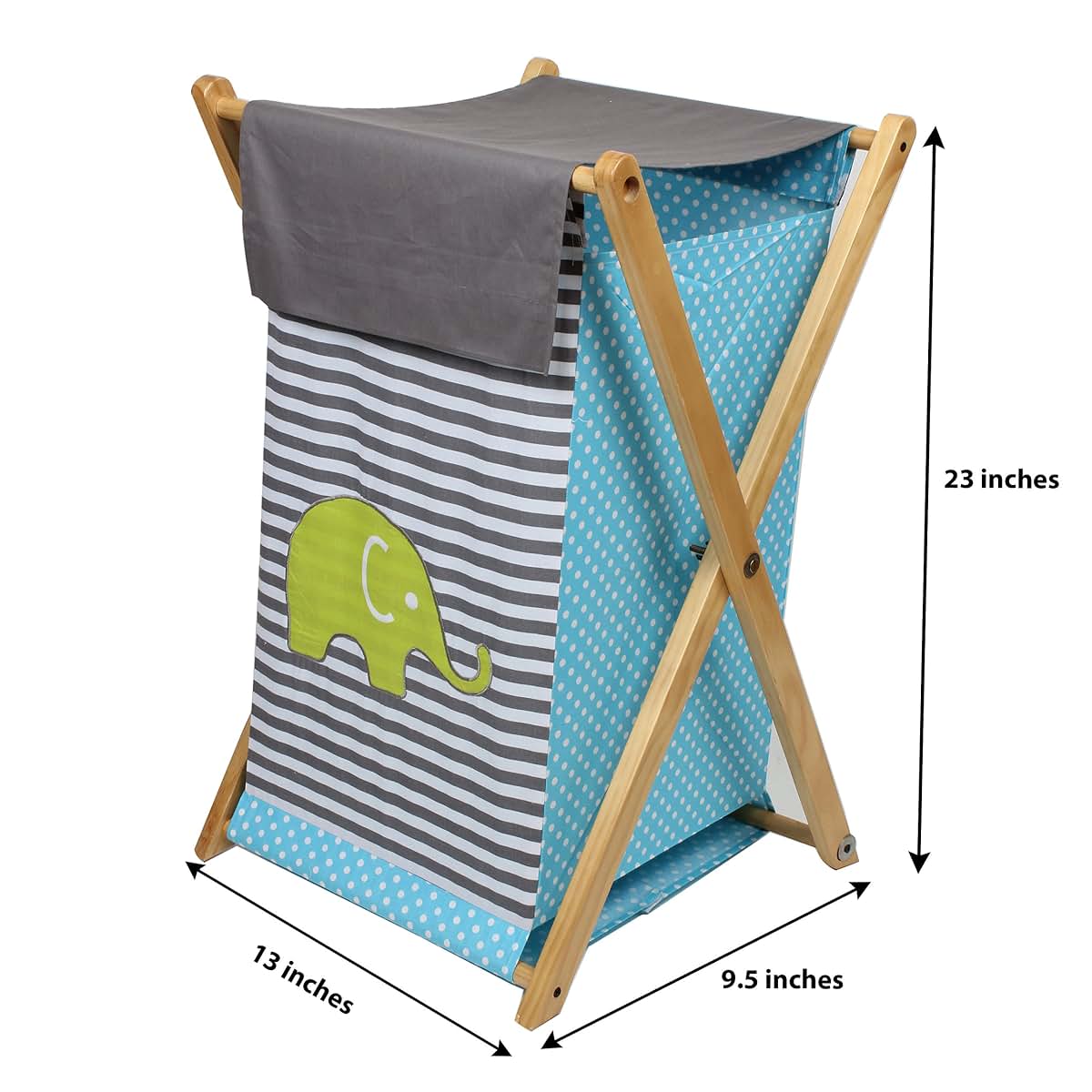 Bacati Elephants Aqua, Lime, and Grey Hamper with Natural Wood Frame (photo 4)