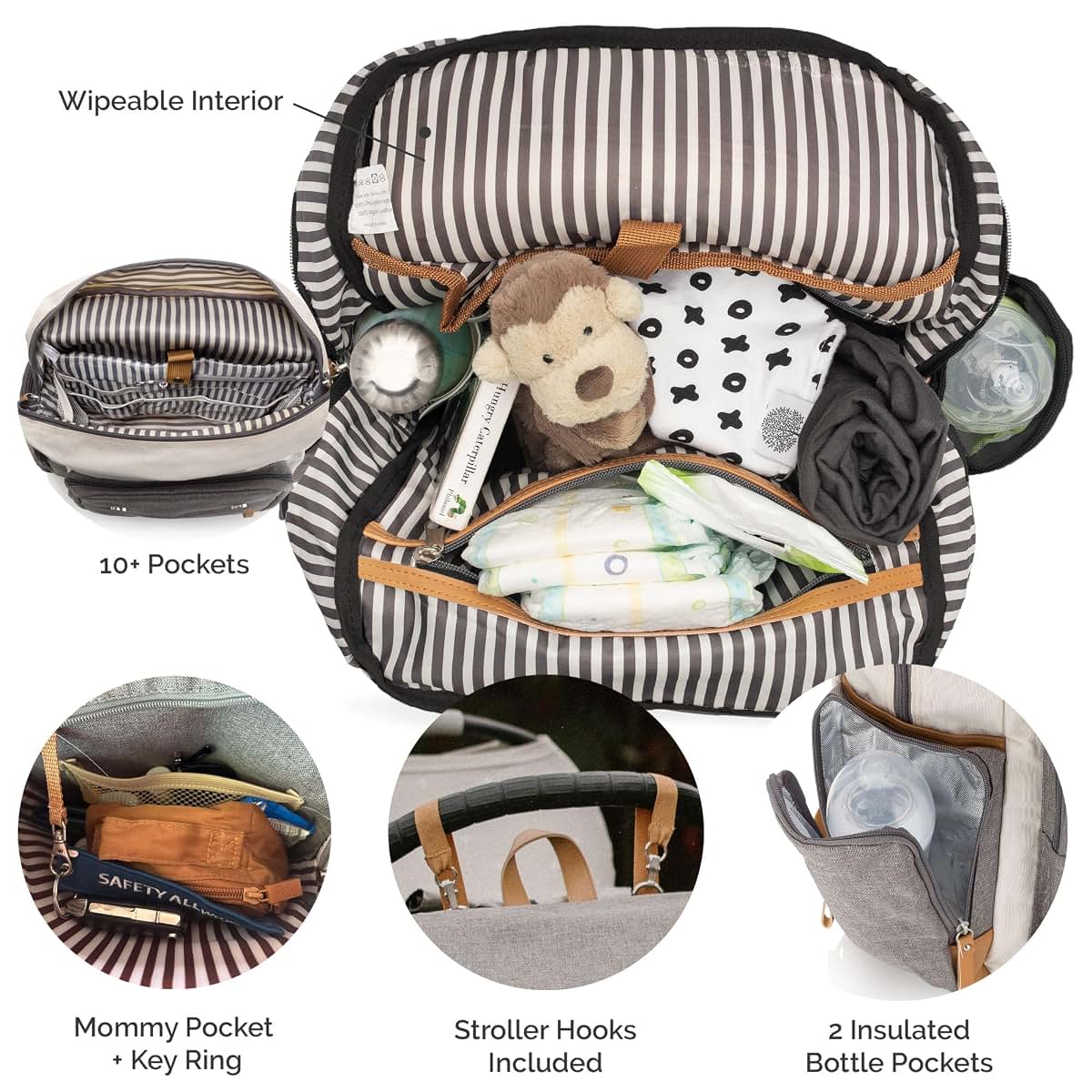 Parker Baby Co. 8-Year Original Birch Diaper Backpack Gray Insulated Bottle Pockets Stroller Straps