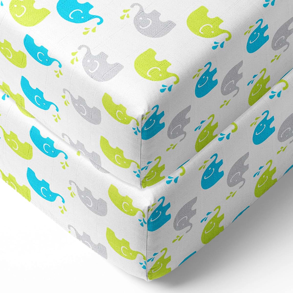Bacati Elephants Muslin Crib Fitted Sheets Aqua Lime Grey 2 Pack