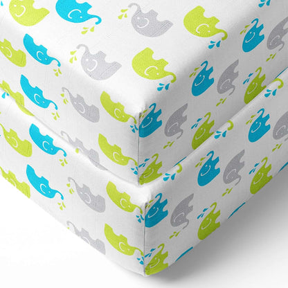 Bacati Elephants Muslin Crib Fitted Sheets Aqua Lime Grey 2 Pack