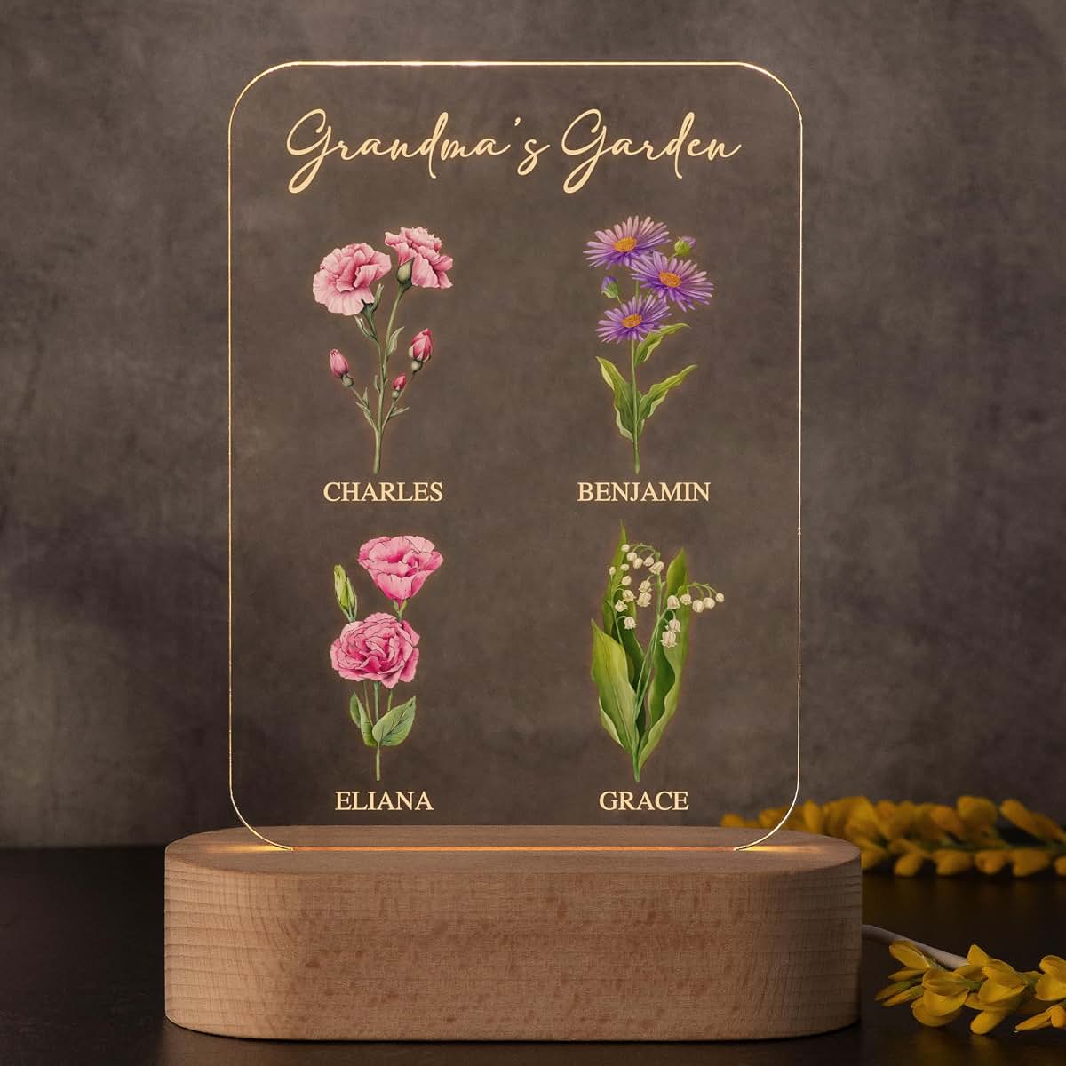 Lily's Atelier Custom Engraved Night Light with Kids' Names and Birthflowers