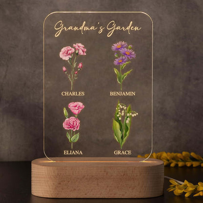 Lily's Atelier Custom Engraved Night Light with Kids' Names and Birthflowers