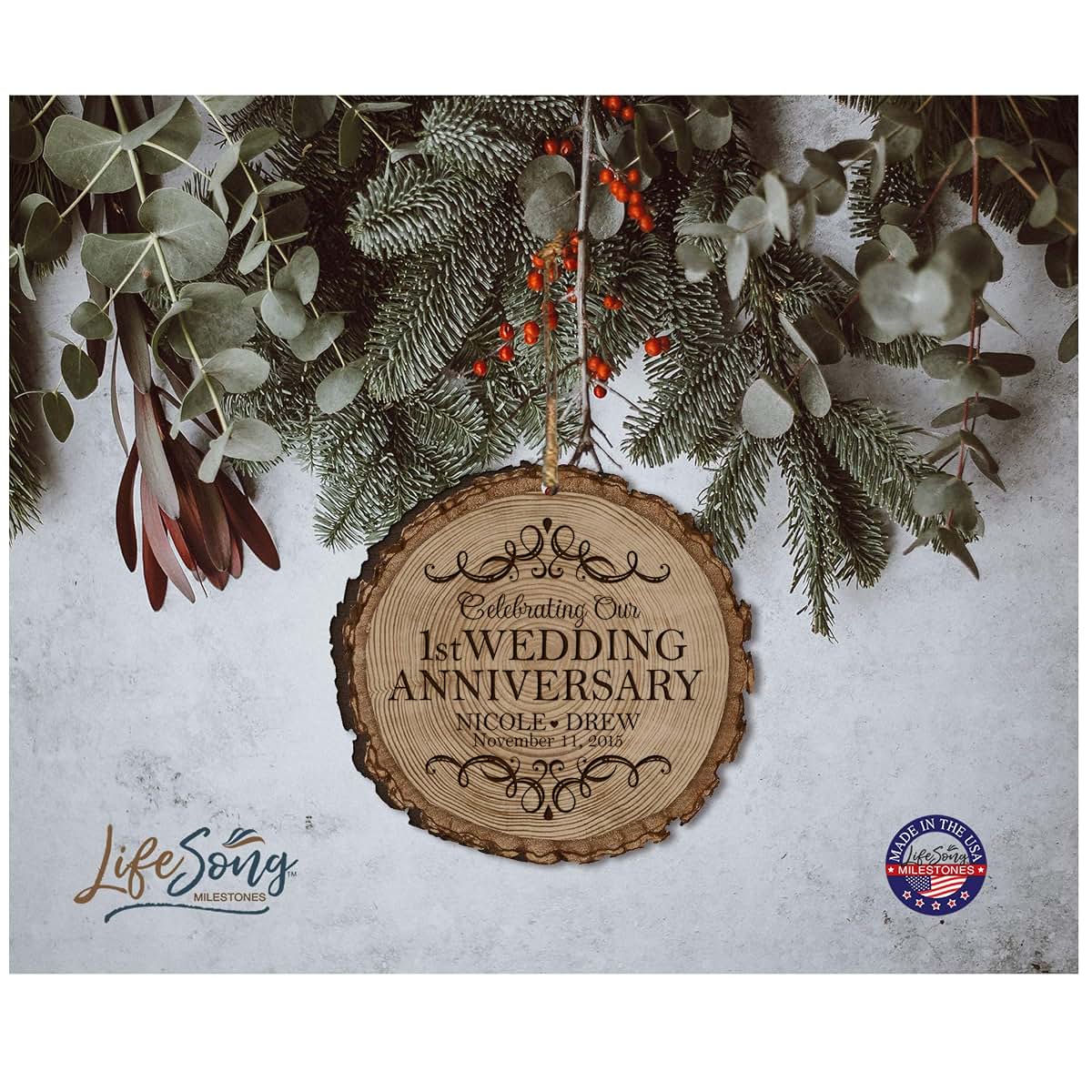 LifeSong Milestones Personalized 1st Anniversary Bark Style Heart Ornament (photo 3)