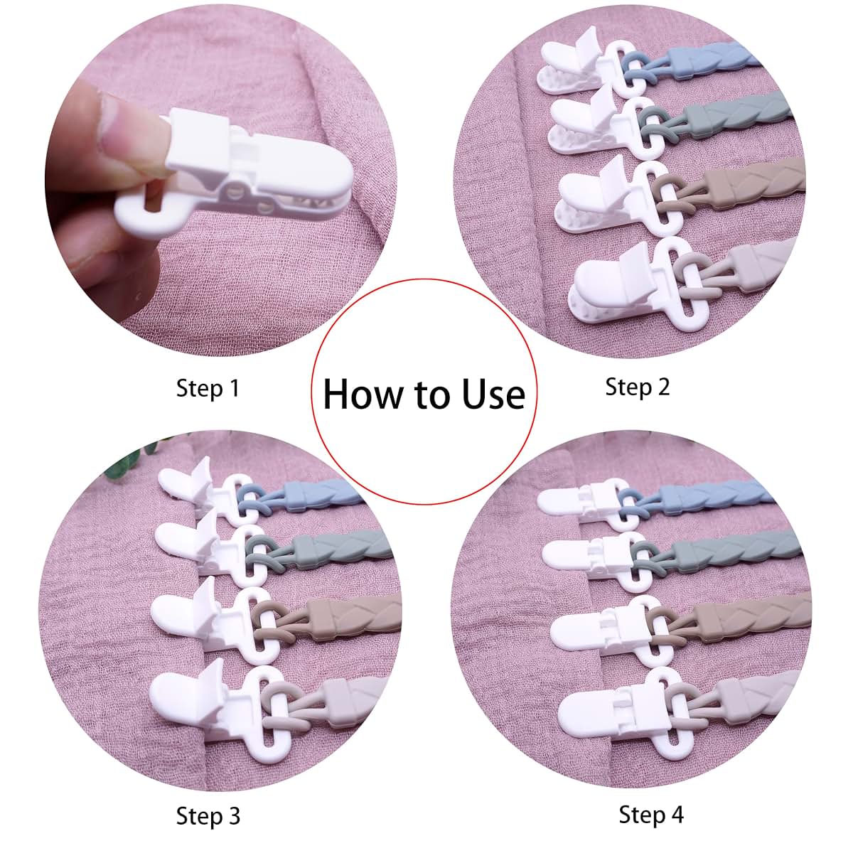 BabyOneStop 4-Pcs Silicone Braided Pacifier Clip Holder for Newborns