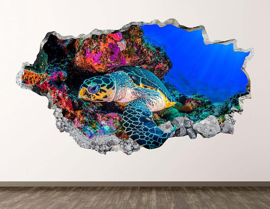 West Mountain Aquarium Turtle Wall Decal Art Decor 3D Smashed Ocean Animal Sticker Poster Kids Room Mural Custom Gift