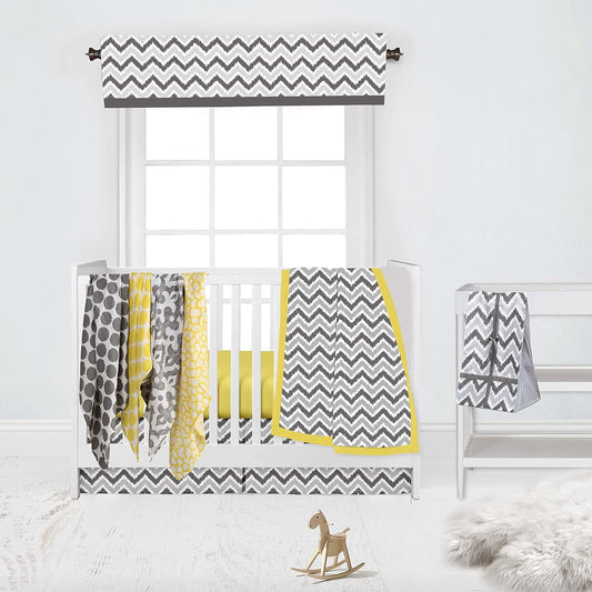 Bacati - Yellow/Grey Ikat Chevron Muslin 10 Pc Neutral Crib Set with 4 Muslin Swaddling Blankets for US Standard Crib