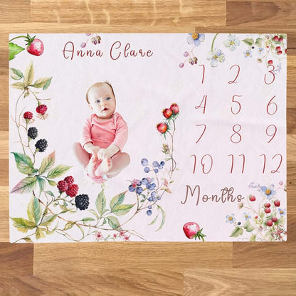Cozyy Personalized Pink Strawberry Flower Baby Milestone Blanket (photo 2)