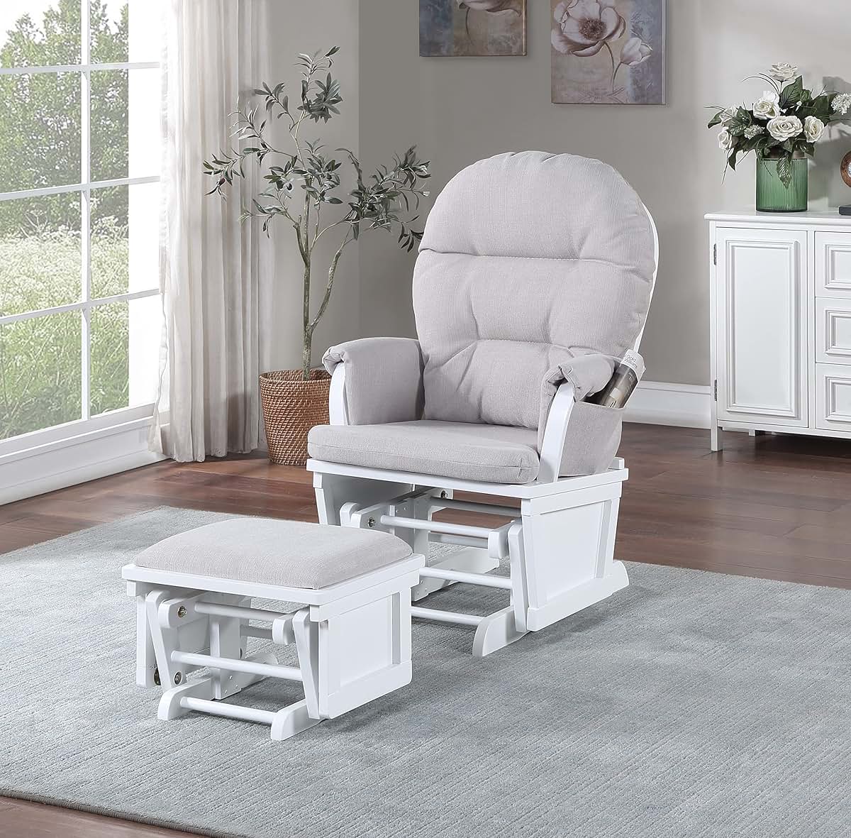 Suite Bebe Madison Nursery Rocking Chair With Ottoman, White And Woven Gray