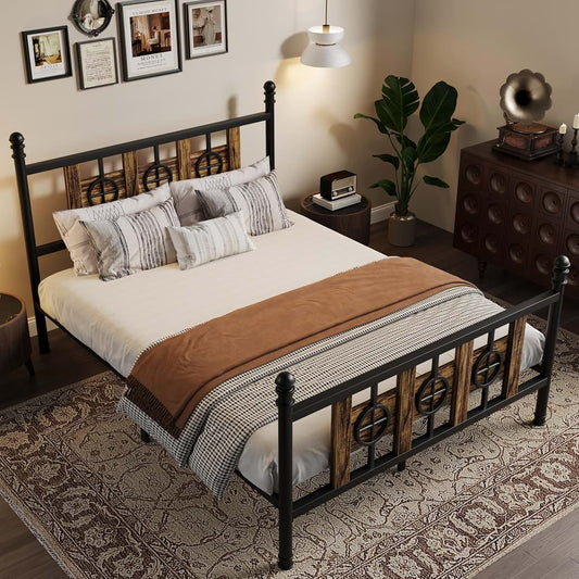 IDEALHOUSE Vintage Industrial Circular Design Bed Frame, Metal Bed Frame with with Headboard and Footboard, No Box