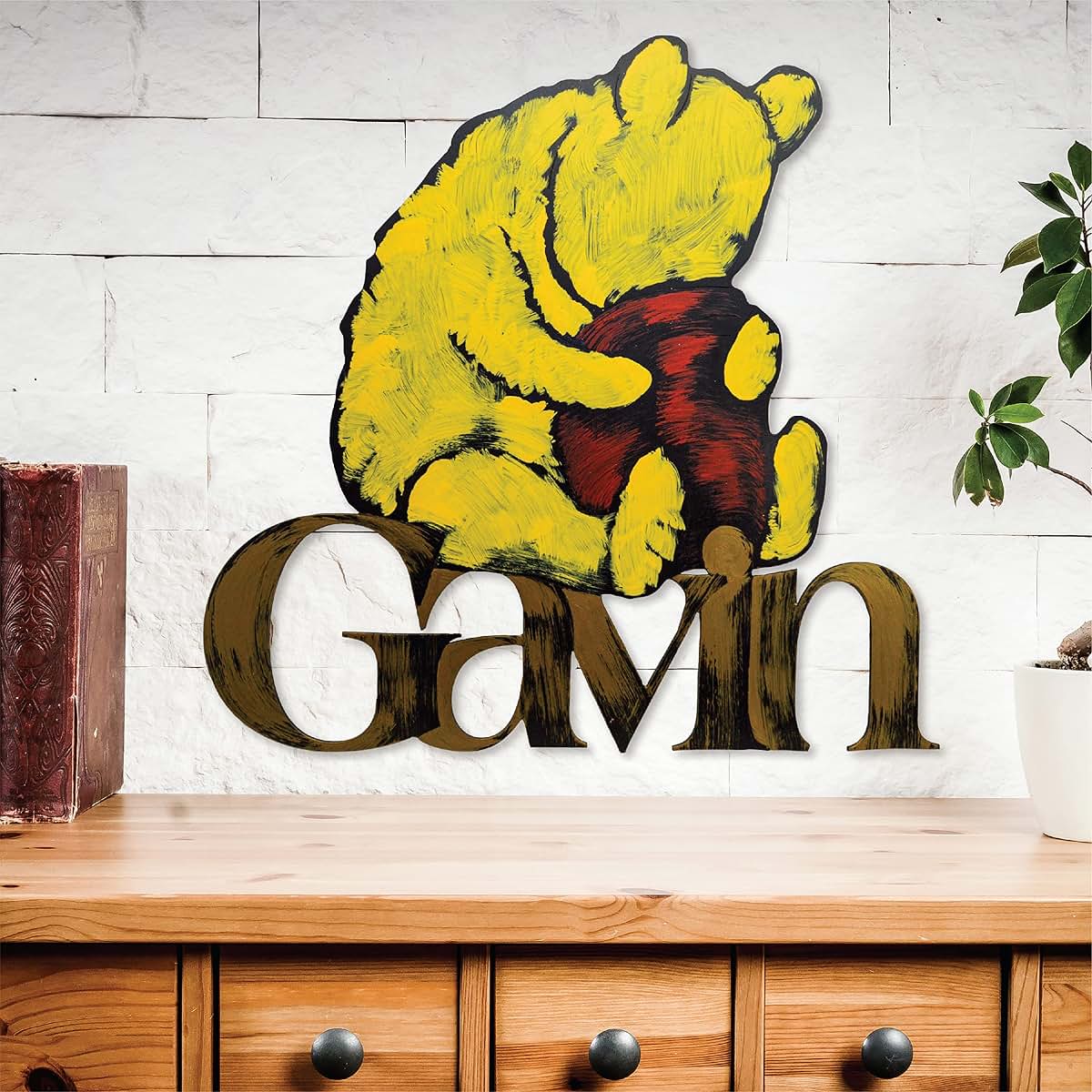 Letter2Word Word Wall Art: Hand-Painted Winnie the Pooh Personalized Baby Name Sign Wall Art, 21x22 Inches, No-Nail