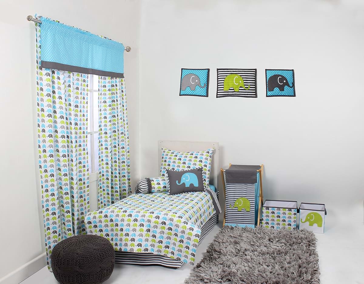 Bacati Elephants Aqua, Lime, and Grey Hamper with Natural Wood Frame (photo 3)