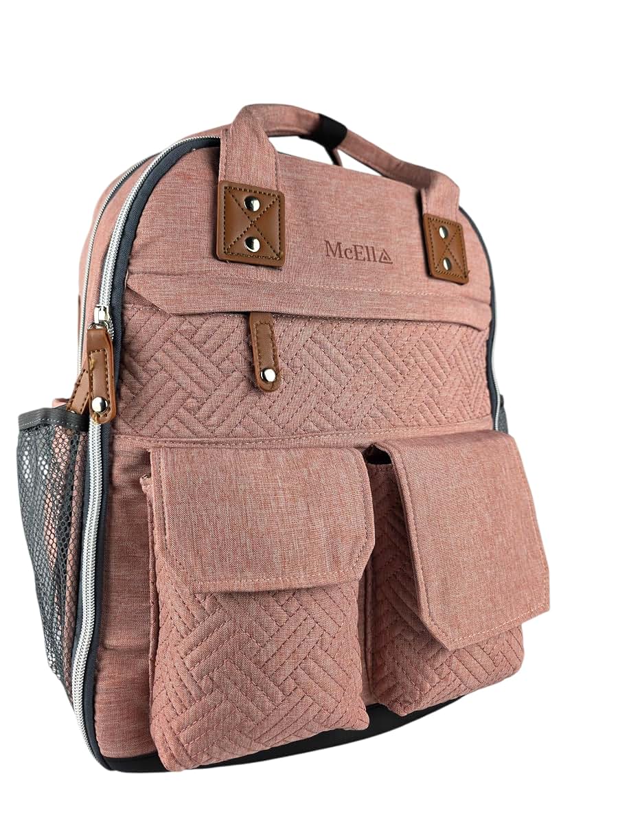 Mc Ella Multi-Function Diaper Backpack, Pink Quilted Design with Laptop Pocket, 25L Capacity, Insulated Pockets