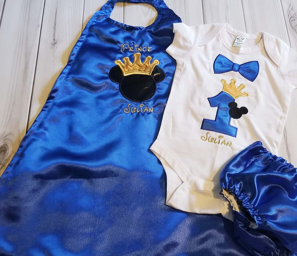 Rowanmayfairs Designs Mickey Birthday Outfit for Baby Boy – Royal Blue Satin Cape with Crown & Name – Bow Tie Onesie