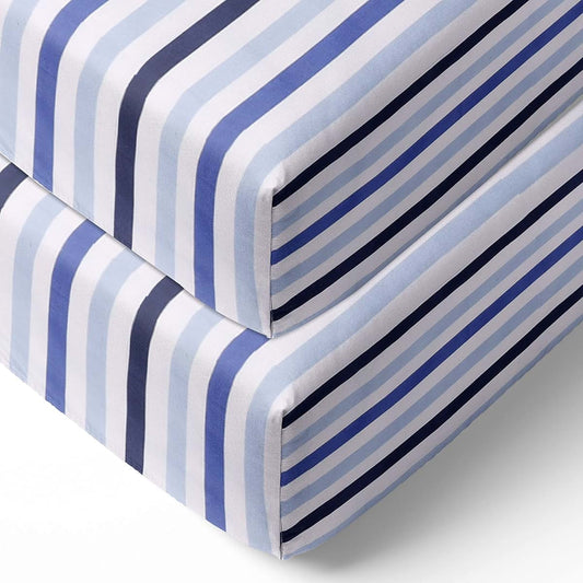 Bacati - 2 Pack Crib Fitted Sheets - Little Sailor Stripes Blue Navy Boys Soft Breathable 100% Cotton Percale Baby