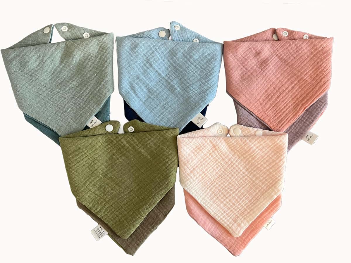 SnD Plus Muslin Bibs 2 Layers Cotton Triangle Reversible Baby Bibs 5 Pack (Solid, 0-36 Months) (photo 2)
