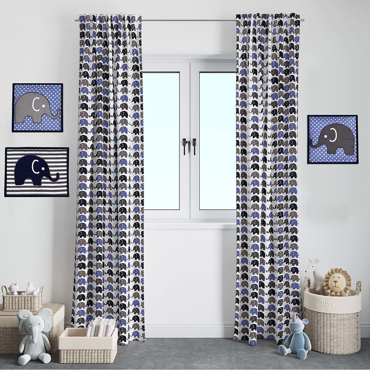 Bacati Single Light Filtering Curtain Panel Elephants Blue Navy Gray